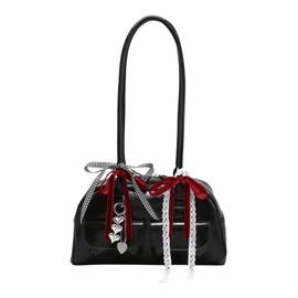 QWINEE Women's Y2K Leopard Print Bow Lace Shoulder Bag Zipper Double Handle Underarm Purse Retro Trendy Purses Solid Black One-Size