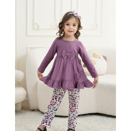 oklady Toddler Girl Clothes 4T 5T, Unique Bow and Ruffled Design Tops Floral Pants with Headband Fall Outfits for Toddler Girls