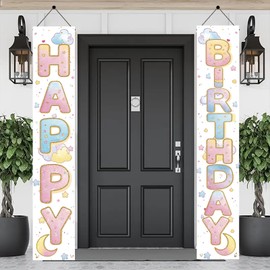 Starlit Patio 2PCS Happy Birthday Porch Sign Moon Star Cloud Hanging Door Banner Party Decorations Birthday Party Supplies Door Wall for Kids Baby Girls Boys 71 x 12 Inch