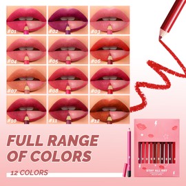 DAGEDA 12Pcs Lip Liner Pencils Set, 12 Colors Matte Lip Liner, Smooth and Ultra-pigmented Lip Lipstick, Waterproof, Long-wearing and Smudge-proof Lip Makeup Pencils, Lip Liner Kit for Daily Makeup