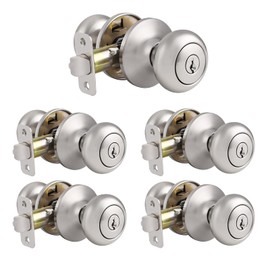 Probrico (5 Pack Brushed Nickel Keyed Entry Locksets, Keyed Alike Entry Door Knobs, Modern Entrance Locksets for Bedroom Front Door Office