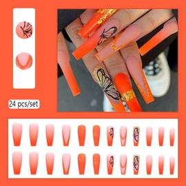 Carufin 24Pcs Crown Lips Long Coffin Nail Shining Heart French Fake Nails Acrylic False Nail Press on Nails Ballet False Nails for Women Girls (E)