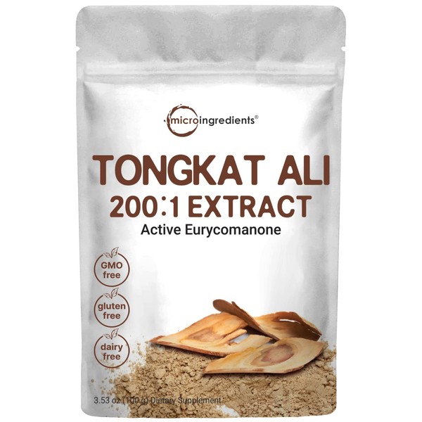 Micro Ingredients Tongkat Ali Extract 200:1 (Longjack) Powder, 100 Grams, Grown in Indonesia, 100% Pure Eurycoma Longifolia Root Extract, Bitter Taste - No Filler, No Additive, Non-GMO