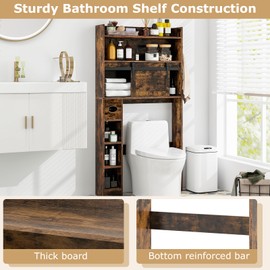 Giantex Over The Toilet Storage Cabinet, 6-Tier Freestanding above Toilet Rack with Gliding Door, Adjustable Shelf, Anti-tipping Device, Side Hooks, Space-saving Bathroom Storage Organizer (Brown)