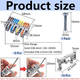 CESFONJER 4-in-12-out Lever Terminal Block Kit, Quad Input to Twelve Output Splicing, DIN Rail & Screw Mountable Conductor Connector, for 28-12AWG Wire, 8 Pack with Fittings
