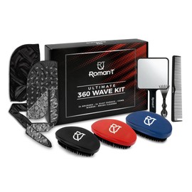 Roman-T Roman-T 8-in-1 360 Wave Brush Kit for 360 Waves - 3 Brushes, Soft, Medium & Hard - 2 Silky Satin Durag - Black & Black Paisley, Hand Mirror, Comb, Hair Brush Cleaner - Gift Set