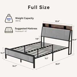 BedsPick Full Size Bed Frame with Ergonomic Headboard, Upholstered Metal Platform Bed Full with 2-Tier Storage, Charging Station, Smart LED Lights, Easy Assembly, No Box Spring Needed, Grey