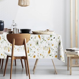 Ablecozy Yellow and Green Flower Clusters Fabric Waterproof Tablecloth,Rectangle Watercolor Wrinkle Oil-Proof Resistant Table Cover for Dining Table, Buffet Parties and Campin,(60" x 84" inch)