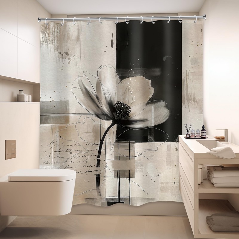 LIGHTINHOME Abstract Flower Shower Curtain 72x72 Black Tan Bathroom Decor