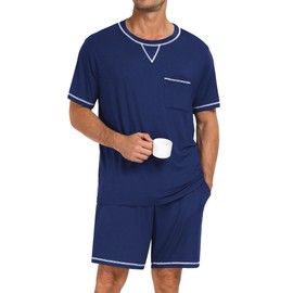 SWOMOG Men Modal Pajamas Set Comfy Sleepwear Short Sleeve Pjs Set Soft 2 Piece Lounge Set Cozy Nightwear with Pockets Navy Blue Medium