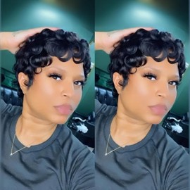 Yviann Short Pixie Wigs for Black Women Short Human Hair WigsFor Black Women Natural Wavy Black Pixie Cut Wig ShortCurly Layered Pixie Wig for Women Black 1B