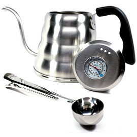 Pour Over Coffee Kettle with Thermometer 1.2L - Gooseneck Hand Grip - Premium Stainless Steel - Bonus Coffee Scoop