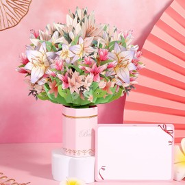 Get Well Flower Soon Card for Women, Paper Cut Bouquet Lilies Greeting Cards Bloom Flower Birthday Popup Congratulations Cards for Women Boss Mom Wife Anniversary