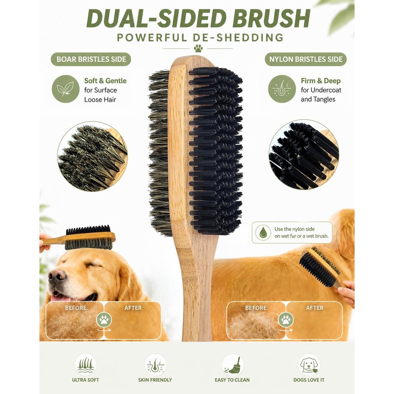 Angootao 3Pcs Natural Boar Bristle Brush Set for Short Haired