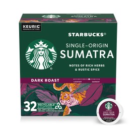 Starbucks K-Cup Coffee Pods, Dark Roast Hot or Iced Coffee, Single-Origin Sumatra, 32 Keurig Pods