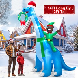 14 Ft Long by 12 Ft Tall Giant Christmas Inflatables Dinosaur with Black Santa Elf & Xmas Wreath Outdoor Decorations, Built-in Light Blow Up Black Christmas Yard Decor for Outside Lawn Garden