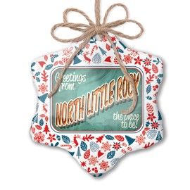 NEONBLOND Christmas Ornament Greetings from North Little Rock, Vintage Postcard Red White Blue Xmas