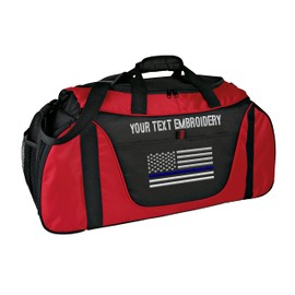 Gym Duffel bag Custom Embroidered Thin Red line or Blue line USA flag Travel Work Out Bag (Red/Black)