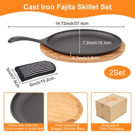 2 Sets Cast Iron Fajita Skillet Set Sizzling Plate with Wooden Base & Anti Scald Protection Hot Handle Cover, Cast Iron Skillets Set for Home Barbecue Kitchen Party Restaurant Catering Service