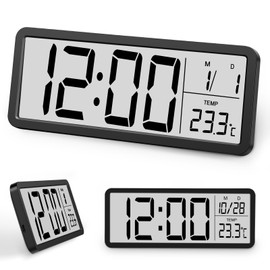 Digitale Wanduhr, Digitaluhr mit Großen Ziffern und 12/24 Hr, LCD-Digitalwecker mit Datum und Temperatur, Tischuhr mit doppeltem Verwendungszweck für Schlafzimmer, Wohnzimmer, Büro, Schule(Black)