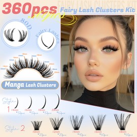 Ruairie Fluffy Lash Clusters Kit 10-20MM Lash Spikies Individual Lashes Extension Kit 360pcs 80D Volume Eyelash Clusters Kit D Curl Spiky Manga Lash Clusters Eyelash Extension Kit, Bond Seal Tweezers