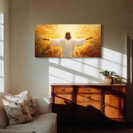 SERIMINO Christian Jesus Large Wall Art, Christ with Open Arms Canvas Painting, The Risen Lord in Radiance Wall Pictures, Religious Believers Home Wall Decor Living Room Bedroom Art Prints 24"X48"