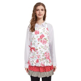 Surblue Kitchen Aprons for Women with 2 Pockets, Organic Cotton,Extra-Long Tie, Vintage Ruffle Floral Apron for Cooking, Baking, BBQ and Gardening, Style Diana, Floral Red, Adult