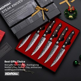 KONOLL Steak Knives Set of 6 Steaks Knife 5 inches Half Serrated Blade Forged Handmade with Japanese AUS-8 Premium Carbon Steel with Full Tang Rose Wood Handle