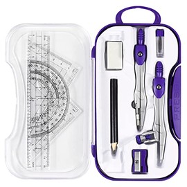 Unjoo Math Geometry Kit Sets 10 Piece Student Supplies with Shatterproof Storage Box,Includes Rulers,Protractor,Compass,Eraser,Pencil Sharpener,Lead Refills,Pencil,for Drafting and Drawings（Purple）