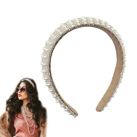 AWOCAN Pearl Headbands Wide Hair Hoop for Women Thick Padded Hair Band Brides Hairbands Bling Rhinestone Hairbands for Wedding/Party/Birthday/Casual Dress (white, ONESIZE)