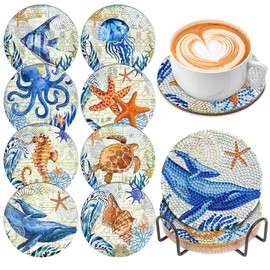 8 Pcs DIY Ocean Art Painting Coasters Set with Holder, Marine Life Designs for Adults & Kids, Diamond Art Craft Supplies