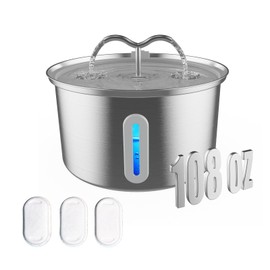 NUMINA 108oz/3.2L Stainless Steel Pet Water Fountain for Cats Indoor, Automatic Pet Water Dispenser for Dogs, Cats, Multiple Pets, with 2 Replacement Filters, Ultra-Quiet Pump, Double Foucet