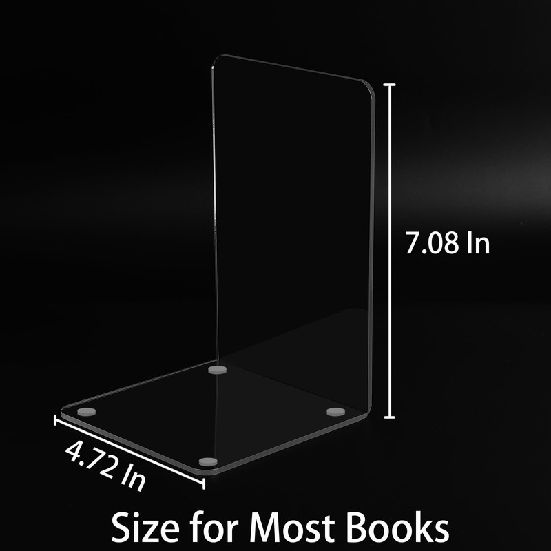 Hiziwimi 4Pcs Clear Acrylic Bookends with Non-Slip Stickers, Bookends for