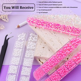 3 Boxes Flat Back Pearls&Rhinestone Kit 10 Flatback White&Peach Half Round Pearls+Resin Gems 2-8mm with Pickup Pencil and Tweezer for Home DIY and Professional Nail Art, Face Makeup and Craft