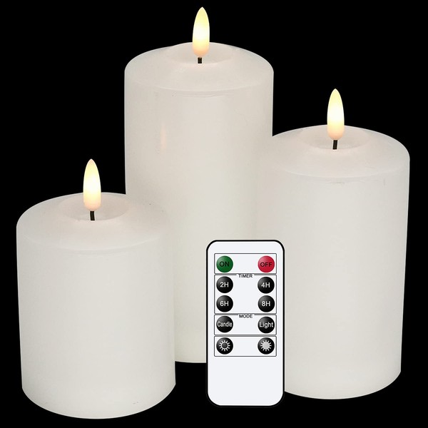 GenSwin 3D Wick Flameless Flickering Candles Battery Operated with Remote Timer, Real Wax Pillar LED Votive Candles Warm Light, Set of 3 Party/Wedding/Home Decor(White, D3” x H4.6” 5.8” 6.8”)