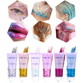 TIDEVAN 6 Stück Body Glitter Gel Glitter Gel Gesicht Glitzer Körper Chunky Glitter Liquid Long-Lasting Glitter For Festival Makeup für Gesicht Haare Lippen Nägel Make Up Kosmetik Festival Party
