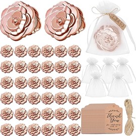Juego 100 espejos compactos de rosa a granel para quinceañera, recuerdos fiesta boda, espejos forma de rosa y etiquetas de agradecimiento, bolsas blancas de organza, regalo recuerdo invitados (100)