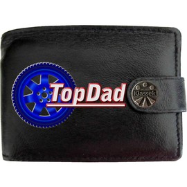 Klassek Top Dad Wheel Best Daddy Fathers Day Mens Wallet Real Black Leather RFID Blocking with Coin Pocket and Metal Gift Box