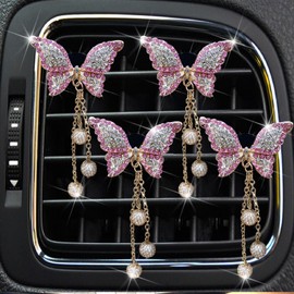 Pink Butterfly Air Vent Clips, 4 Pcs Bling Butterfly Air Fresheners Vents Clips Diamond Car Interior Decor Bling Cute Car Accessories Decoration for Women+ Heart Mask Hook