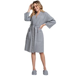 Lotus Linen Women's Lightweight Waffle Kimono Robes for Women - Cotton Spa Grey Bathrobes - Grey Bridesmaids Robe Set (XX-Large, Grey)