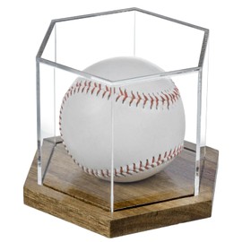 MyGift Premium Acacia Solid Wood and Clear Acrylic Hexagonal One Baseball Display Case, Collectible Signed Autograph Game Ball Holder Wooden Base Gift Box