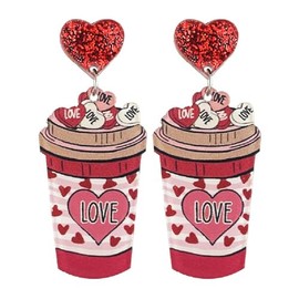 Valentine's Day Earrings Set Glitter Love Heart Shaped Acrylic Drop Earrings for Women Cute Cat Dog Pet French Fries Milk Tea Coffee Cup Dangle Earrings Holiday Jewelry Gifts-Style 5