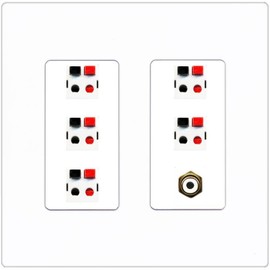 RiteAV 5 Port Speaker Wire Plug Jack Wall Plate with 1 RCA for Subwoofer - 2 Gang [Screwless White]
