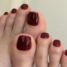 Dark Red Press on Toenails Short Square False Toenails with Designs Glossy Wine Red Fake Toe Nails Spring Glue on Toenails Cute Reusable Summer Stick on Toe Nails for Women Girls Manicure 24Pcs