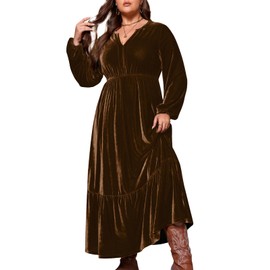 VAFADRESS Women's Velvet Dress Formal Dresses for Wedding Guest Long Sleeve Plus Size Fall Winter Dress Brown 3XL