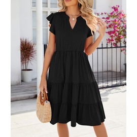 Womens Summer Dress Ruffle Sleeve V Neck Midi Dresses Casual Fit Flowy Tiered Boho Beach Vacation Sundress with Pockets Black Medium