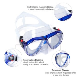 Scuba Diving Mask, HD Snorkeling Mask Anti-Fog Swim mask Tempered Glasses Professional Snorkel Goggles Leak-Proof Swim Goggles with Nose Cover for Diving, Snorkeling, Swimming (Translucent Blue)