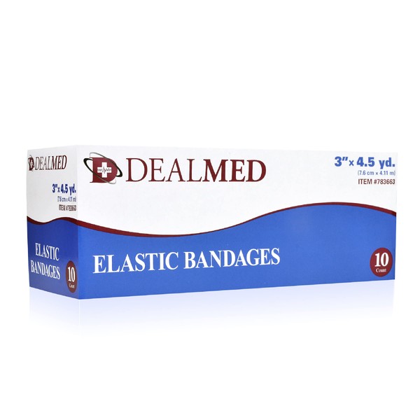 Dealmed 3" Elastic Bandage Wrap with Clip Closure – 10 Elastic Bandages, 4.5 Yards Stretched Compression Bandage Wrap, Wound Care Product for First Aid Kit and Medical Facilities