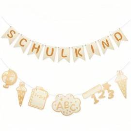 Schulanfang-Dekoset mit Holz-Einschulungskranz | Klassenzimmer-Girlande & Schulkind-Deko für Einschulungsparty | Geschenk für Mädchen/Jungen (Zuckertüten, Tafeldekoration) (Originalholzfarbe)