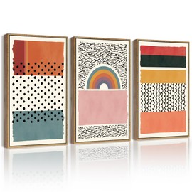 PHOPAGO Boho Abstract Framed Wall Art Mid-Century Color Block Shape Illustrations Modern Minimalist Painting Decorative Artwork 11x14in Natural Framed